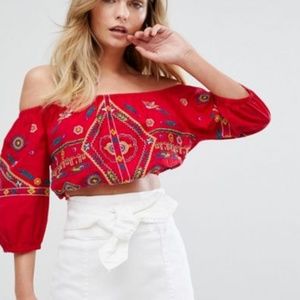 Red Off the Shoulder Beaded Top